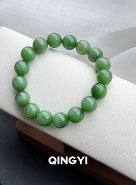 天然俄料和田玉碧玉粉绿猫眼手串12mm男女款素圈圆珠玉石手链礼物