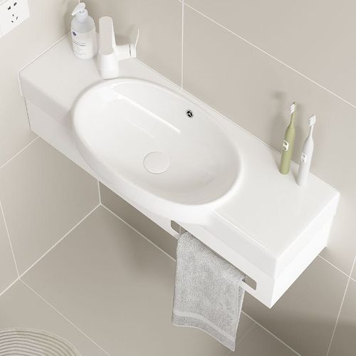 挂墙式一体陶瓷支架洗脸盆小户型卫生间超窄加长墙角挂壁式洗手盆 - 图1