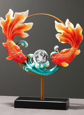 新中式年年有鱼双鱼戏珠桌面摆件现代家居饰品客厅玄关乔迁礼品