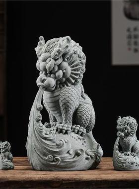 青砂石国潮风鱼缸造景招财吸水神兽客厅玄关茶室桌面茶宠茶玩摆件