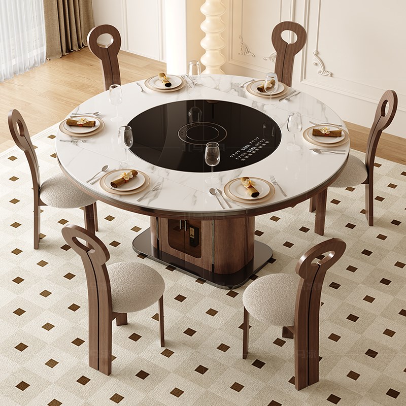 北马复古实木岩板餐桌带胡桃色餐柜小户型家用可伸缩暖菜方圆可变 - 图2