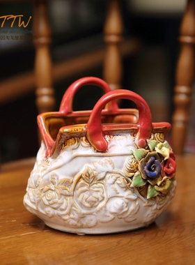 田园手工玫瑰浮雕釉面包包装饰花器文艺花器