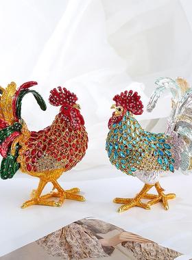 轻奢商务礼品珐琅彩大钻公鸡办公室创意风水摆件金属生肖工艺品