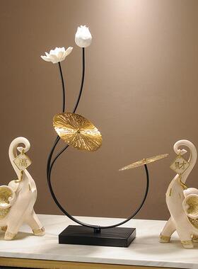 新中式荷花清新雅致摆件陶瓷高档工艺品茶室客厅玄关轻奢装饰品