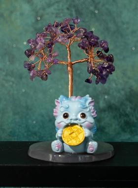 天然水晶黄水晶紫水晶发财树招财貔貅小摆件居家办公乔迁桌面摆饰