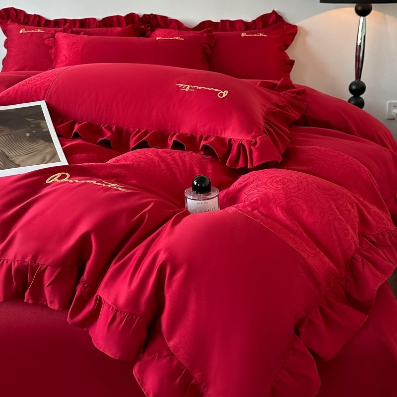 简约陪嫁结婚四件套大红色新婚床单被套婚庆床上用品婚房喜被 - 图0