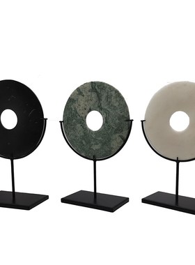 新中式创意轻奢天然售楼处样板间客厅玄关博古架书房黑色玉璧摆件