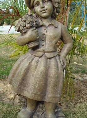 仿石头人物雕塑摆设玻璃钢摆件美式装饰戴帽提花篮小女孩家居饰品