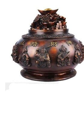 开盖聚宝盆摆件纯铜五路财神大号工艺品家居客厅装饰品办公室开业