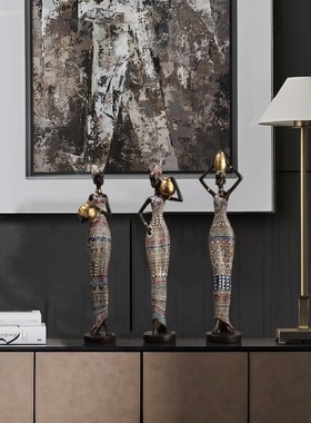 复古非洲工艺品摆件女士抱罐艺术黑人雕塑异域风情客厅装饰品摆设