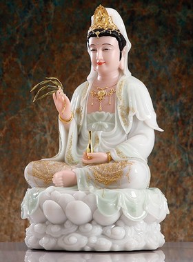 汉白玉观音菩萨家用供奉观音佛像云莲笑眼观音天清色客厅桌面摆件