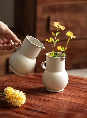 【法式提手】奶壶陶瓷花器摆件客厅卧室花瓶桌面样板间装饰品花插