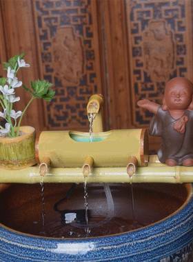 竹子流水器筒鱼造景招财14455摆件陶瓷竹流水滤石池槽鱼缸水池加