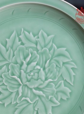 龙泉青瓷牡丹盘摆件家居饰品创意陶瓷家用办公室中式客.厅装饰摆