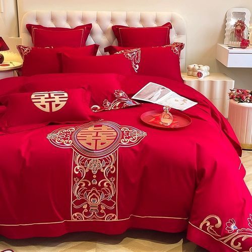 高档中式结婚四件套大红色龙凤刺绣被套床单纯棉婚庆床上用品婚房 - 图2