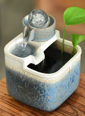 小型方池桌面陶瓷流水摆件招财喷泉现代茶桌茶台循环转运球水景