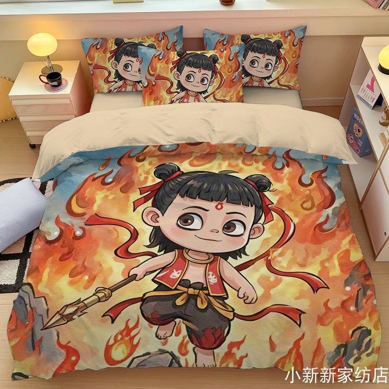 卡通哪吒床上四件套儿童被套学生被罩印花床品三件套单人被单被子,淘宝优惠券,粉丝福利购,淘宝优惠卷