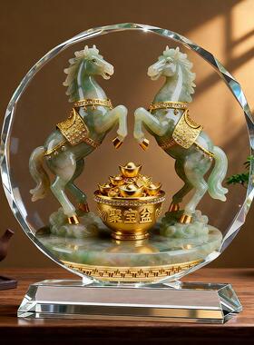 双马聚宝盆水晶摆件装饰画客厅玄关乔迁新居礼物马到成功桌面摆台