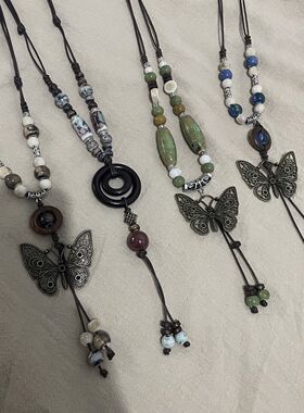 贵妃蝶 文艺民族风景德镇陶瓷毛衣链古风复古新款中国风蝴蝶项链