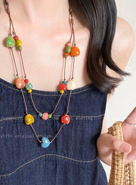 民族风棕色爱心串珠双层锁骨链