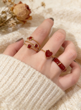 法式轻奢复古红爱心滴油戒指女