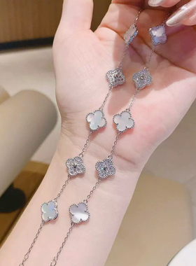 幸运四叶草女银黑白小众手链