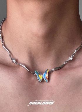 渐变蝴蝶金属不规则项链y2k辣妹潮流男女锁骨链小众设计感颈链