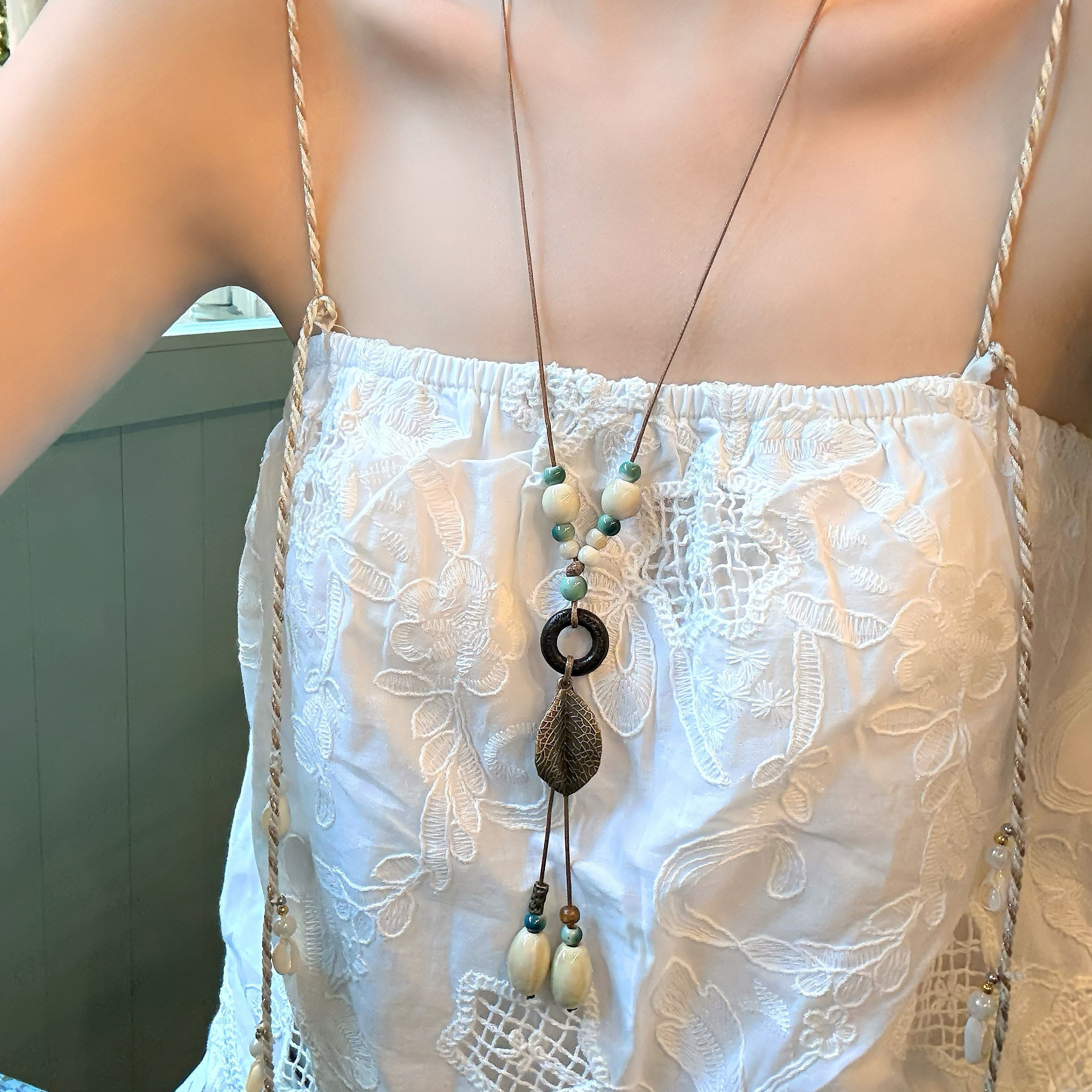 【蜜桃茶】梧桐琥珀 长款天然石陶瓷吊坠项链中式民族风挂脖配饰