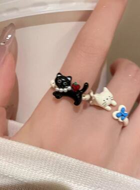可爱黑白猫咪开口戒指女款卡通