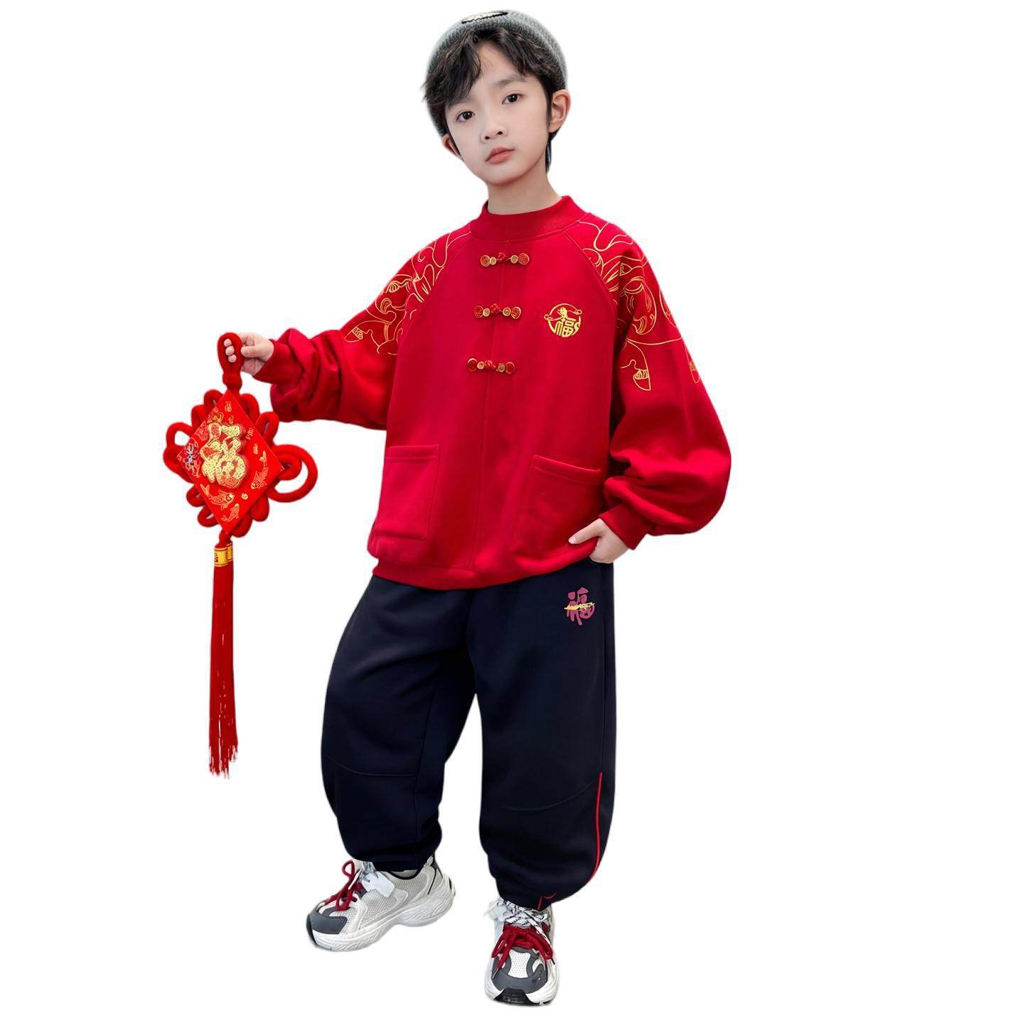 男童加绒卫衣秋冬大童马年新款儿童本命红色中式拜年服套装加厚潮,淘宝优惠券,粉丝福利购,淘宝优惠卷