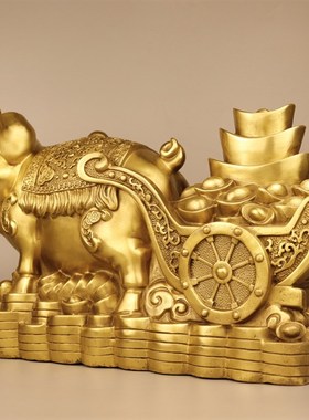 金猪摆件铜元宝猪生肖猪家居前台桌面装饰品大号猪拉元宝金钱福猪