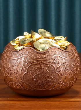 紫铜聚宝盆摆件荷叶鉢四神兽花纹入户玄关装饰品办公桌收纳储物罐