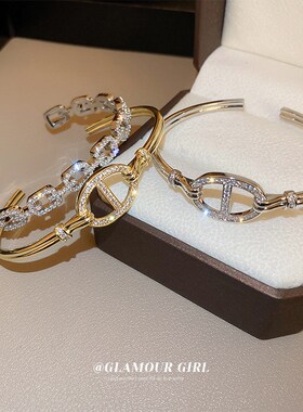 锆石椭圆猪鼻子链条开口手镯韩国新款设计感小众手环时尚手饰