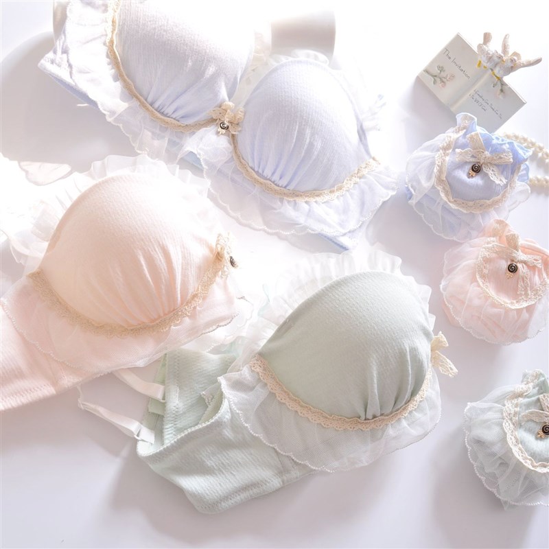 日系女生小清新无钢圈聚拢内衣厚杯刺绣可爱少女甜美文胸套装 - 图0