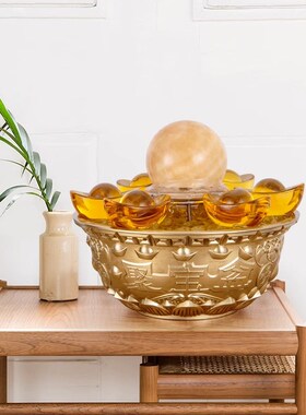 纯铜聚宝盆流水铜摆件中式客厅家居办公室店铺存钱罐流水生财全铜