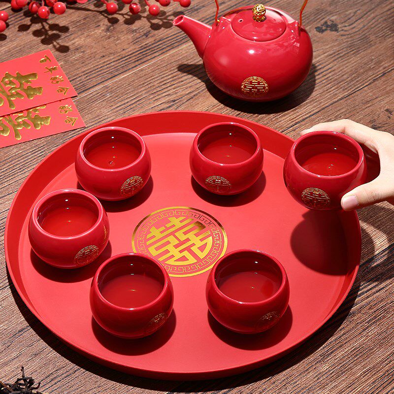 Wedding change of mouth toast tea cup h teapot set wedding engagement supplies red bride dowry tray tea set set