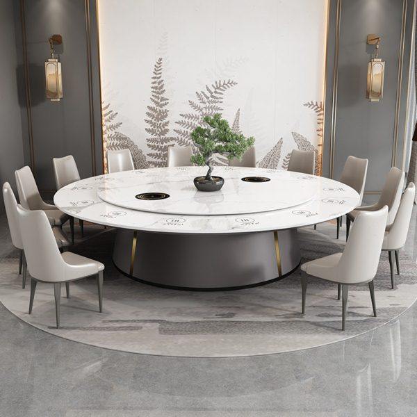 火锅桌子电磁炉一体岩板商用新中式酒店一人一锅铁艺餐桌大圆桌 - 图0