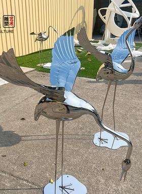 现货不锈钢仙鹤雕塑镜面草坪水池园林景观装饰抽象白鹭火烈鸟摆件