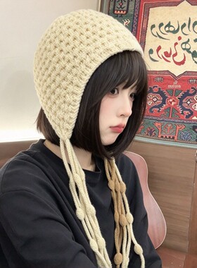 秋冬女加厚护耳显脸小针织帽