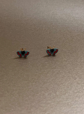S925纯银新中式蓝色迷你蝴蝶耳钉
