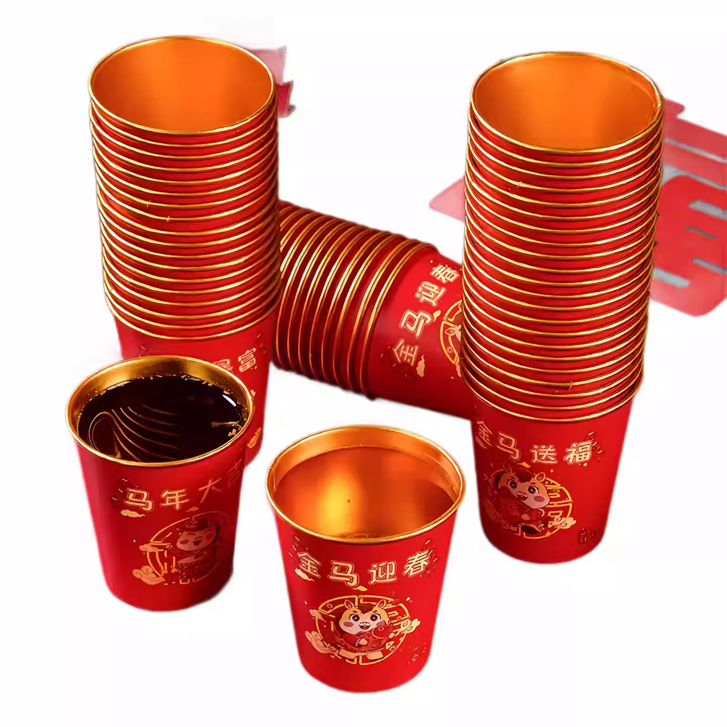 a2026马年杯子金箔纸杯一次性红色杯子加厚防烫耐高温家用春节喜
