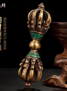 欧斯特 尼泊尔铜造旧橛 镶嵌绿松石九股金刚宝杵大号 金刚摆件