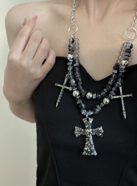双层串珠镶钻骷髅头十字架项链女