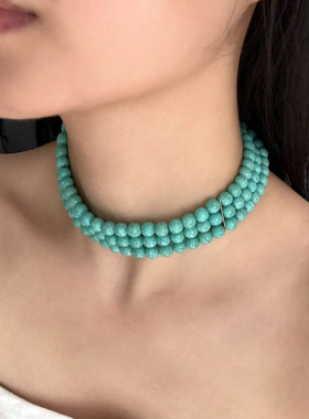 多层仿绿松石圆珠串珠宽版项链女