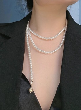 多层叠戴长款流苏珍珠爱心项链女