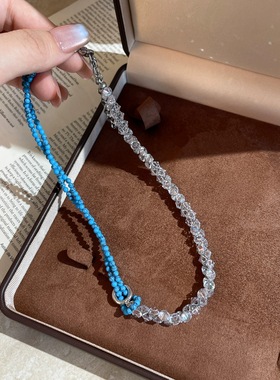 韩版复古绿色串珠项链女款轻奢超闪锆石碎钻高级感锁骨链配饰