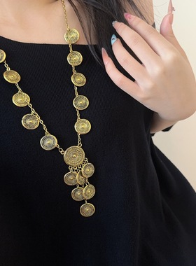 时尚个性复古圆形纹路钱币项链女