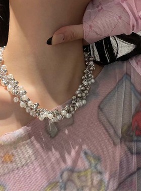 欧美夸张银色金属球珍珠项链女款