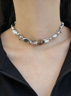 复古个性不规则异形金属虎石项链女小众冷淡风高级感锁骨毛衣链