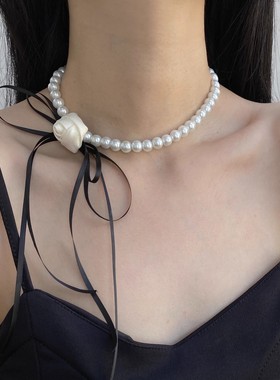 法式优雅蝴蝶结山茶花珍珠项链女